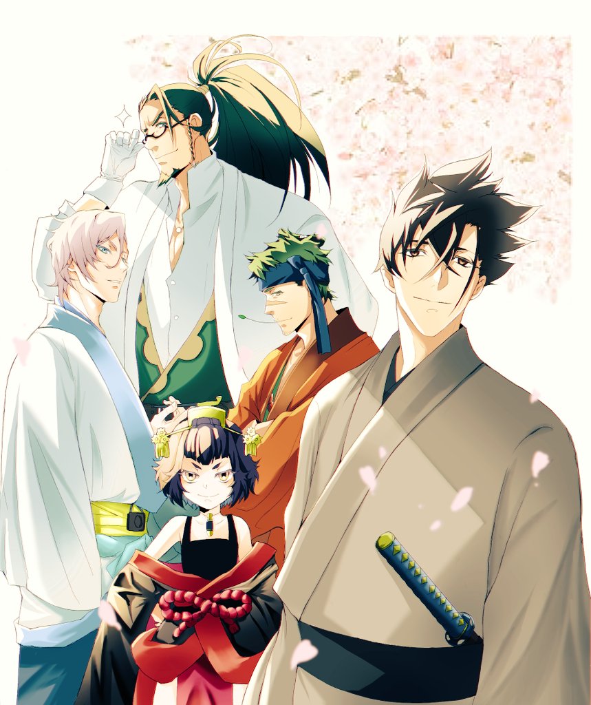 5boys, beard, black_hair, blue_eyes, brown_eyes, brown_kimono, cherry_blossoms, facial_hair