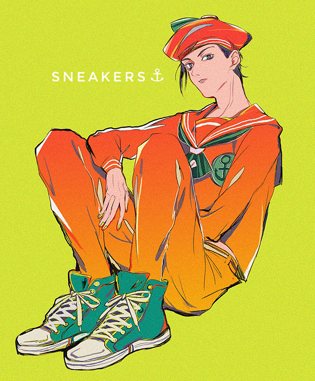 1boy, anchor_symbol, black_hair, commentary_request, english_text, full_body, green_background, hat