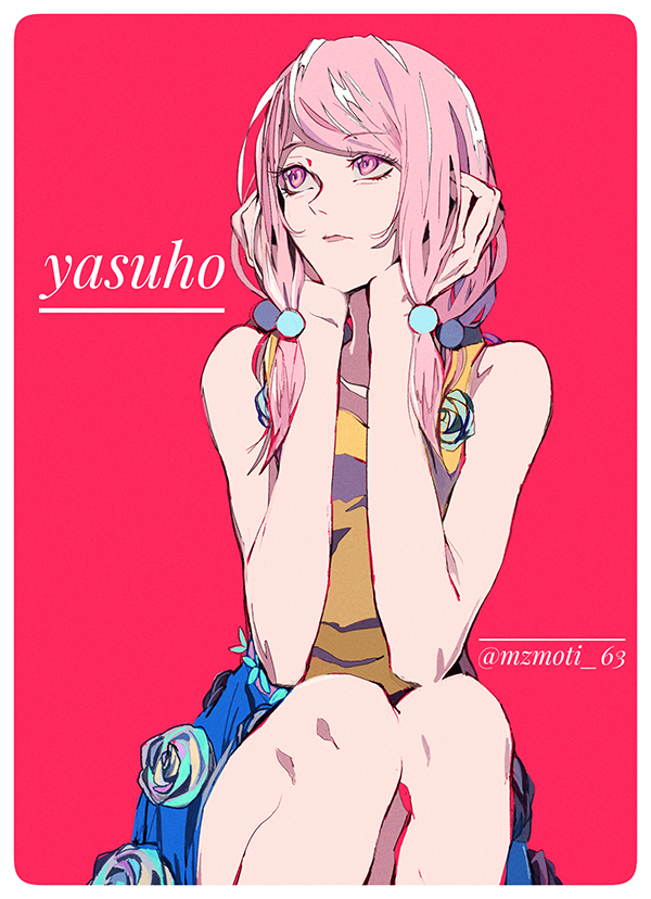 1girl, character_name, closed_mouth, commentary_request, flower, flower_skirt, hair_bobbles, hair_ornament