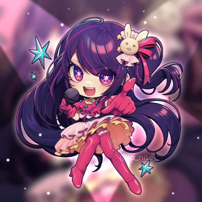 1girl, boots, brooch, chibi, dress, frilled_dress, frilled_gloves, frills, full_body, gloves, hair_between_eyes, hair_ornament, heart, heart_brooch, highres, holding, holding_microphone, hoshino_ai_(oshi_no_ko), ion_(io_nite), jewelry, long_hair, microphone, one_side_up, oshi_no_ko, pink_dress, pink_footwear, pink_gloves, pointing, pointing_at_viewer, purple_hair, rabbit_hair_ornament, sidelocks, sleeveless, sleeveless_dress, solo, star-shaped_pupils, star_(symbol), swept_bangs, symbol-shaped_pupils, thigh_boots, very_long_hair, violet_eyes