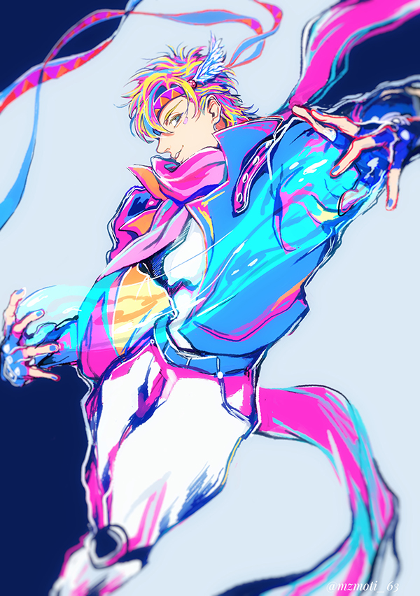 1boy, battle_tendency, blonde_hair, blue_nails, bubble, caesar_anthonio_zeppeli, commentary_request, facial_mark