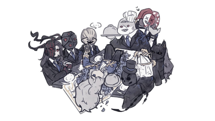 4girls, 5boys, argalia_(library_of_ruina), black_hair, black_headwear, black_jacket, black_pants, blue_flower