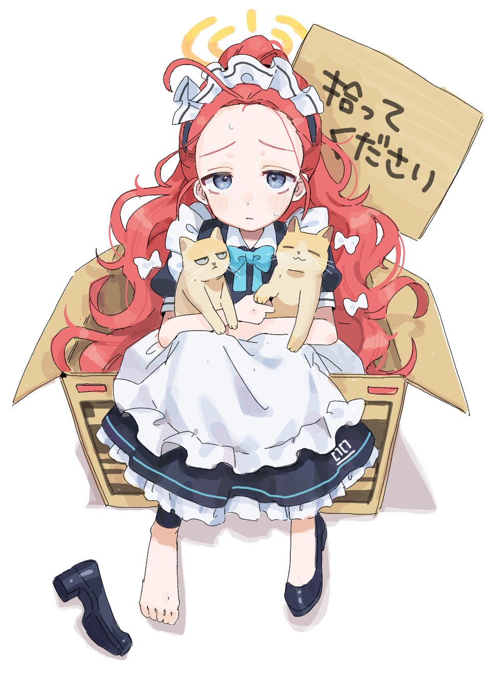 13_(spice!!), 1girl, animal, apron, blue_archive, blue_bow, blue_bowtie, blush, bow, bowtie, box, cat, commentary_request, dress, for_adoption, forehead, frilled_dress, frills, from_above, full_body, grey_eyes, halo, high_heels, highres, holding, holding_animal, holding_cat, in_box, in_container, knees_up, long_hair, looking_at_viewer, looking_up, maid, maid_apron, maid_headdress, messy_hair, no_socks, ponytail, puffy_short_sleeves, puffy_sleeves, raised_eyebrows, redhead, shoes, short_sleeves, single_shoe, sitting, solo, sweat, translation_request, upturned_eyes, very_long_hair, white_background, yuzu_(blue_archive), yuzu_(maid)_(blue_archive)