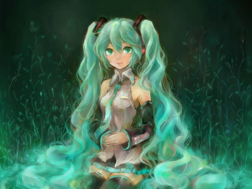 aqua_eyes, aqua_hair, detached_sleeves, hatsune_miku, headphones, headset, kedama_black, long_hair