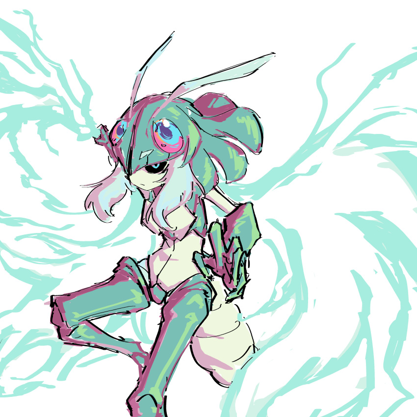 1girl, absurdres, alasharx, antennae, arthropod_girl, arthropod_limbs, black_sclera, blue_eyes