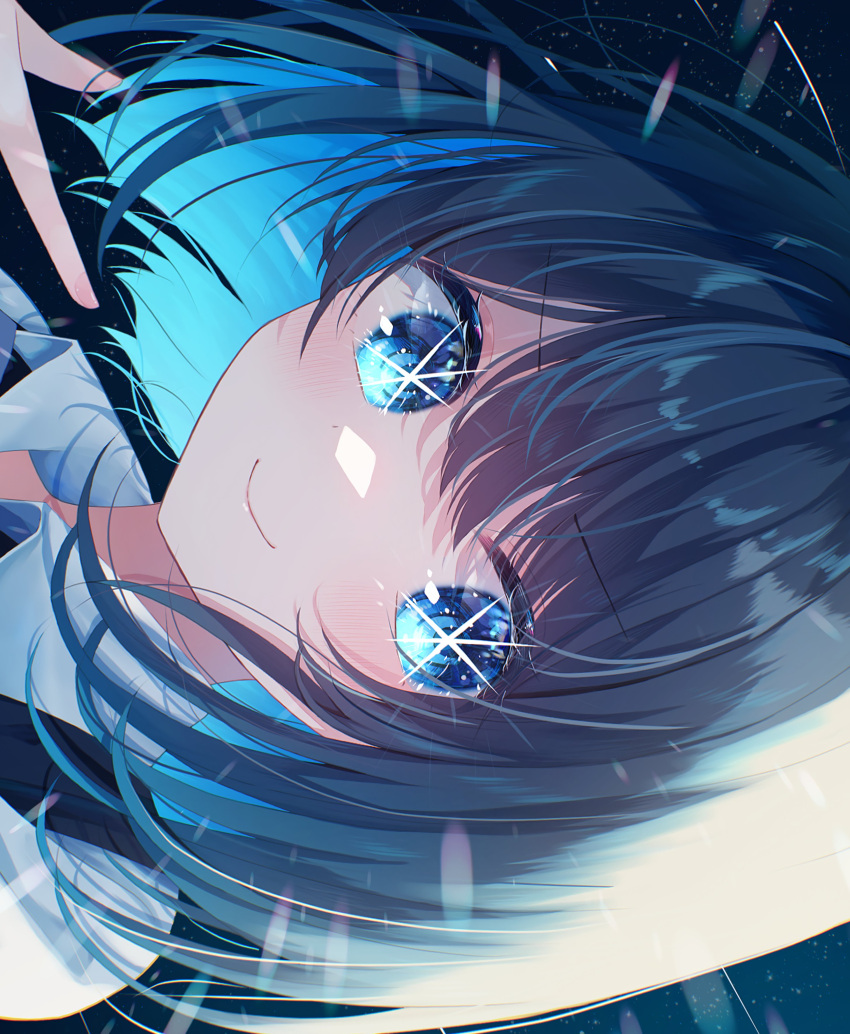 1girl, absurdres, black_background, black_vest, blue_background, blue_eyes, blue_hair, closed_mouth, collared_shirt, eyelashes, hair_between_eyes, hand_up, highres, index_finger_raised, kurokawa_akane, looking_at_viewer, open_clothes, open_vest, oshi_no_ko, powapowa1559, shirt, short_hair, smile, solo, star-shaped_pupils, star_(symbol), symbol-shaped_pupils, upper_body, v-shaped_eyebrows, vest, white_shirt