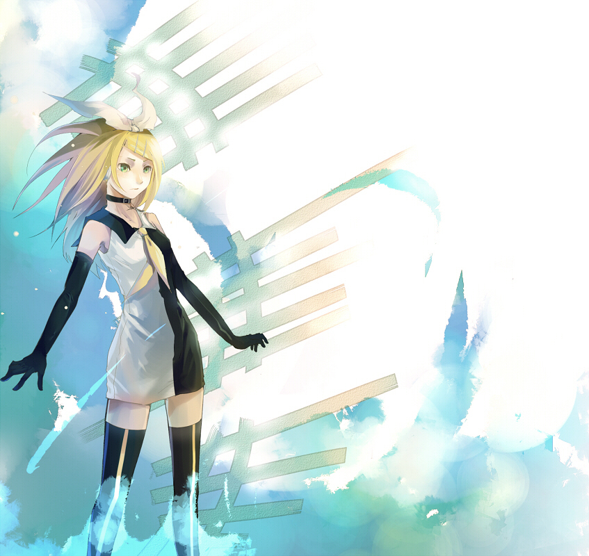 alternate_hairstyle, bad_id, bare_shoulders, black_legwear, black_thighhighs, blonde_hair, choker, elbow_gloves, gloves, green_eyes, hair_ornament, hair_ribbon, hairclip, headphones, kagamine_rin, kagamine_rin_(meltdown), long_hair, meltdown_(vocaloid), ribbon, rifsom, roshin_yuukai_(vocaloid), sailor_dress, skirt, solo, thigh-highs, thighhighs, vocaloid, zettai_ryouiki