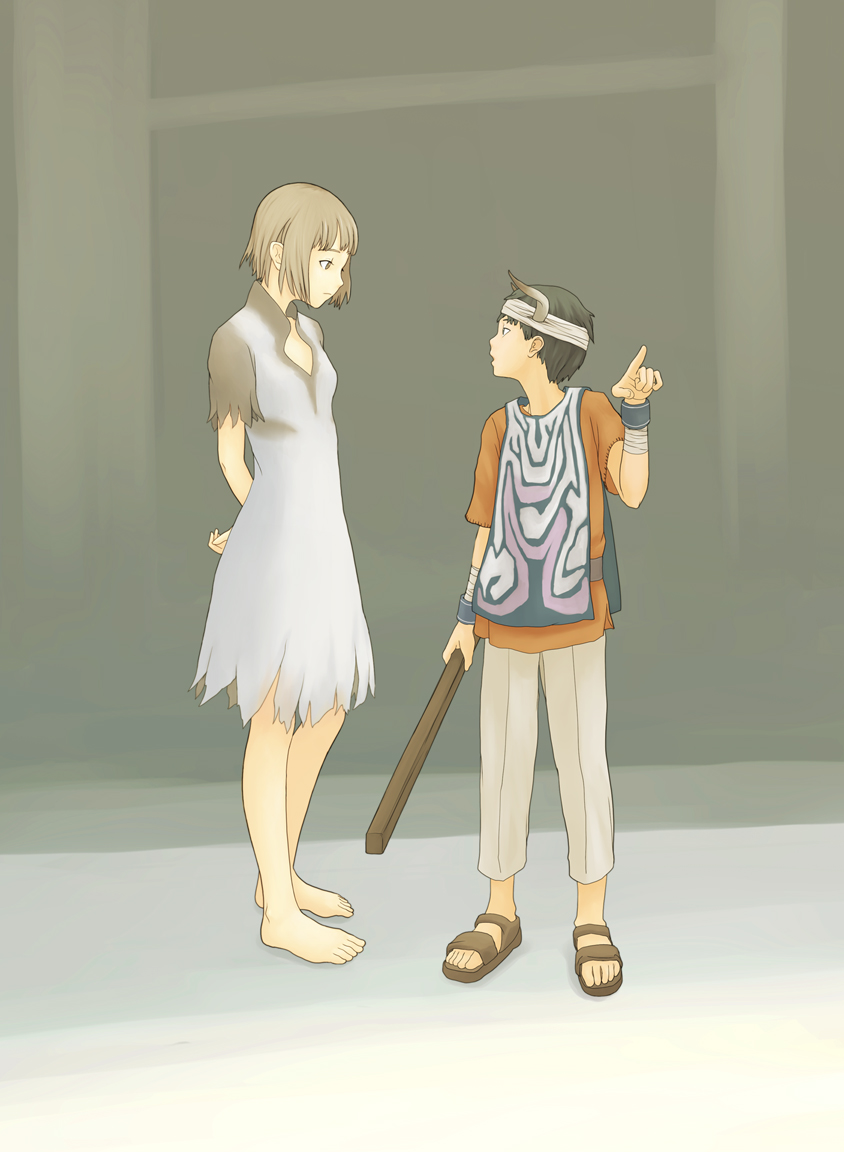 bandages, barefoot, black_hair, brown_eyes, brown_hair, dress, feet, flash_tomo, headband, horns, ico, ico_(character), ico_(game), pointing, pointy_ears, poncho, sandals, short_hair, standing, stick, tabard, weapon, white_dress, yorda