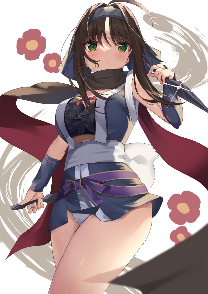 1girl, :<, absurdres, ahoge, arm_at_side, back_bow, black_scarf, blue_gloves, blue_kimono, blurry, blush, bow, breasts, closed_mouth, commentary, cowboy_shot, curvy, depth_of_field, eyelashes, eyes_visible_through_hair, fighting_stance, fingerless_gloves, floral_print, flower, forehead_protector, glint, gloves, hand_up, highres, hitachi_mako, holding, holding_weapon, japanese_clothes, kimono, kunai, large_breasts, looking_at_viewer, mugicho_(kdks5554), ninja, panties, panty_peek, parted_bangs, purple_ribbon, red_flower, red_scarf, ribbon, sash, scarf, senren_banka, serious, short_hair_with_long_locks, short_kimono, sidelocks, simple_background, solo, standing, thighs, two-tone_scarf, underwear, v-shaped_eyebrows, weapon, white_background, white_bow, white_panties, white_sash