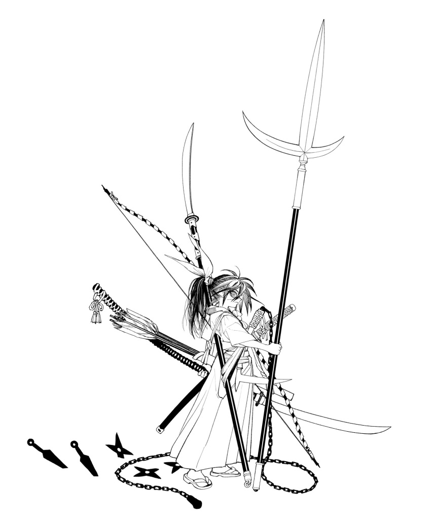 1girl, arrow_(projectile), bow, closed_mouth, commentary_request, empty_eyes, from_side, frown