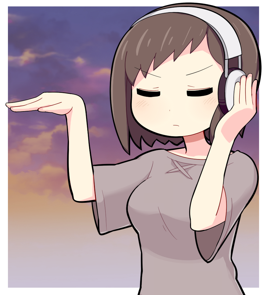1girl, asymmetrical_bangs, black_hair, blush, boku_no_kokoro_no_yabai_yatsu, border, breasts, brown_hair, brown_shirt, closed_eyes, closed_mouth, clouds, commentary_request, hand_on_headphones, headphones, hospital_king, ichikawa_kana, medium_breasts, purple_sky, shirt, short_bangs, short_hair, short_sleeves, sky, solo, t-shirt, upper_body, v-shaped_eyebrows, white_border