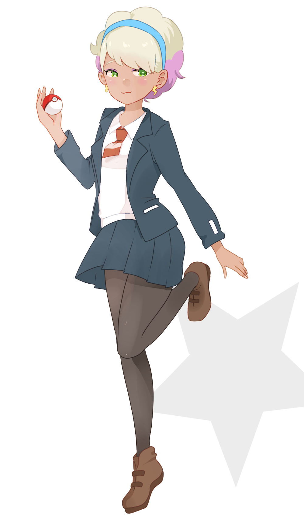 1girl, blonde_hair, blue_hairband, brown_footwear, green_eyes, hairband, highres, holding