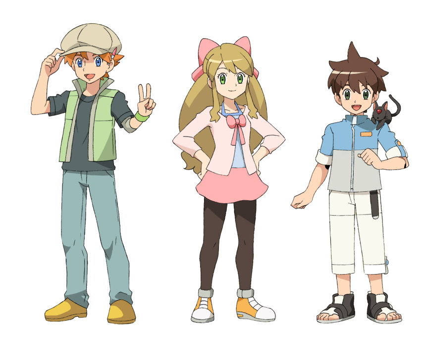 1girl, 2boys, ahoge, android, animal_on_shoulder, black_pantyhose, blue_eyes, brown_hair