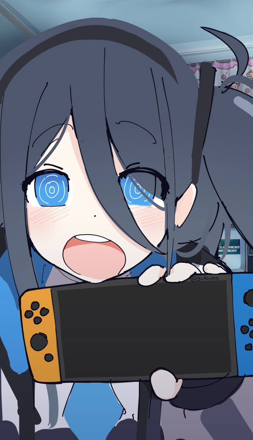 1girl, absurdres, aris_(blue_archive), bedroom, black_hair, black_hairband, blue_archive, blue_eyes, blue_necktie, blush, commentary, english_commentary, grey_jacket, gubuos, hair_between_eyes, hair_ornament, hairband, hand_up, handheld_game_console, highres, holding, holding_handheld_game_console, indoors, jacket, long_bangs, long_sleeves, looking_at_viewer, meme, necktie, nintendo_switch, one_side_up, open_clothes, open_jacket, open_mouth, photo-referenced, photo_background, raised_eyebrows, ringed_eyes, shirt, solo, upper_body, white_shirt