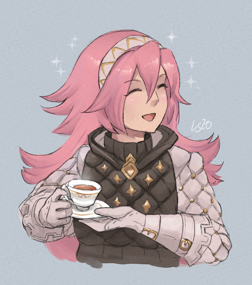 1girl, closed_eyes, cup, fire_emblem, fire_emblem_fates, gambeson, gloves, hair_between_eyes