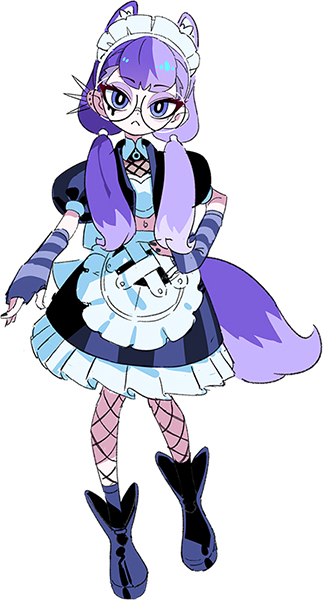 1girl, :<, animal_ears, apron, back_bow, black_footwear, boots, bow, cropped_jacket, donuttypd, earrings, eyeshadow, fishnets, frills, frown, full_body, glasses, hand_on_own_hip, jacket, jewelry, large_bow, light_purple_hair, maid_headdress, makeup, multicolored_hair, nail_polish, navel_piercing, open_clothes, open_jacket, original, pale_skin, piercing, puffy_short_sleeves, puffy_sleeves, purple_hair, purple_jacket, purple_socks, purple_tail, raychell_(donuttypd), round_eyewear, server, short_sleeves, silver_earrings, simple_background, skirt, socks, split-color_hair, standing, striped, striped_skirt, tail, vertical-striped_skirt, vertical_stripes, waist_apron, werewolf, white_apron, white_background, white_bow, wolf_ears, wolf_girl, wolf_tail