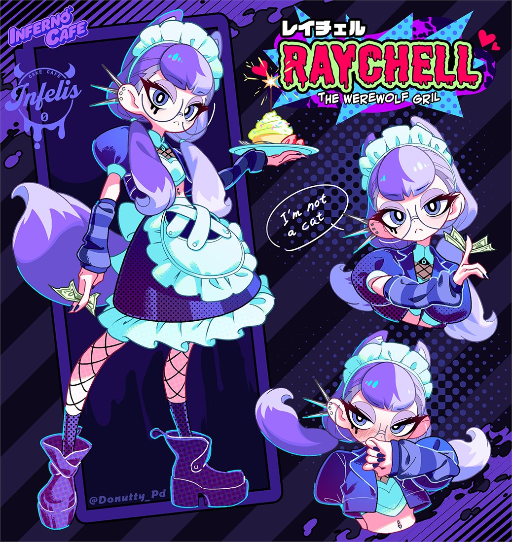 1girl, :<, animal_ears, apron, back_bow, blush, boots, bow, cake, closed_mouth, colored_text, colored_text_highlight, covering_mouth, cropped_jacket, dessert, dollar_bill, donuttypd, door, dots, dress, earrings, eyeshadow, fishnets, food, fork, frills, frown, fruit, glasses, hand_over_own_mouth, hand_up, head_tilt, heart, heart_top, holding, holding_plate, icing, inferno_cafe, jacket, jewelry, large_bow, light_purple_hair, long_hair, looking_at_viewer, looking_to_the_side, maid_headdress, makeup, multicolored_hair, nail_polish, navel_piercing, open_clothes, open_jacket, original, piercing, plate, puffy_short_sleeves, puffy_sleeves, purple_footwear, purple_hair, purple_jacket, purple_socks, purple_tail, raychell_(donuttypd), round_eyewear, semi-rimless_eyewear, short_sleeves, silver_earrings, sliced, socks, sparks, split-color_hair, sprinkles, strawberry, striped, striped_background, striped_dress, tail, talking, vertical-striped_dress, vertical_stripes, violet_eyes, waist_apron, werewolf, white_apron, white_bow, wolf_ears, wolf_girl, wolf_tail