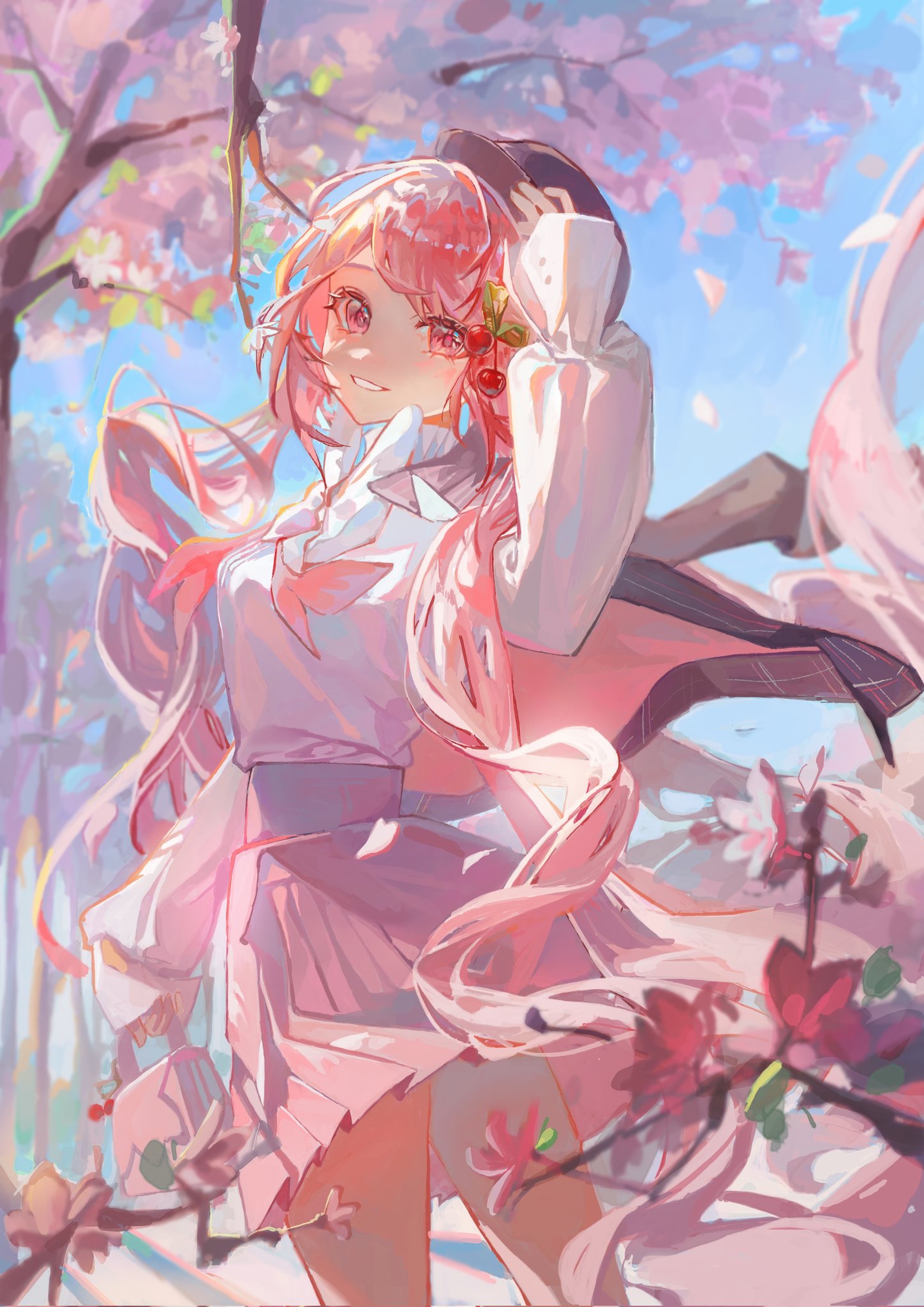 1girl, bag, black_headwear, blinklikeer, blue_sky, blurry, blurry_background, blurry_foreground