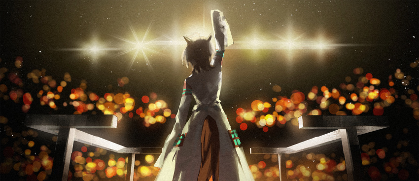 1girl, agnes_tachyon_(umamusume), ahoge, animal_ears, arm_up, bandolier, brown_hair, coat