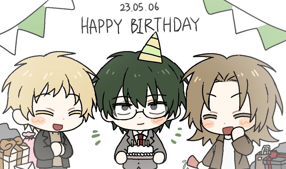 3boys, atou_haruki, birthday_cake, black_eyes, black_jacket, blonde_hair, brown_jacket, brown_sweater