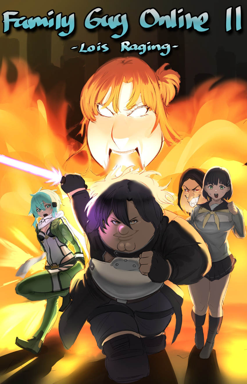 2boys, 3girls, absurdres, asuna_(sao), asuna_(sao)_(cosplay), black_gloves, black_hair, black_sailor_collar