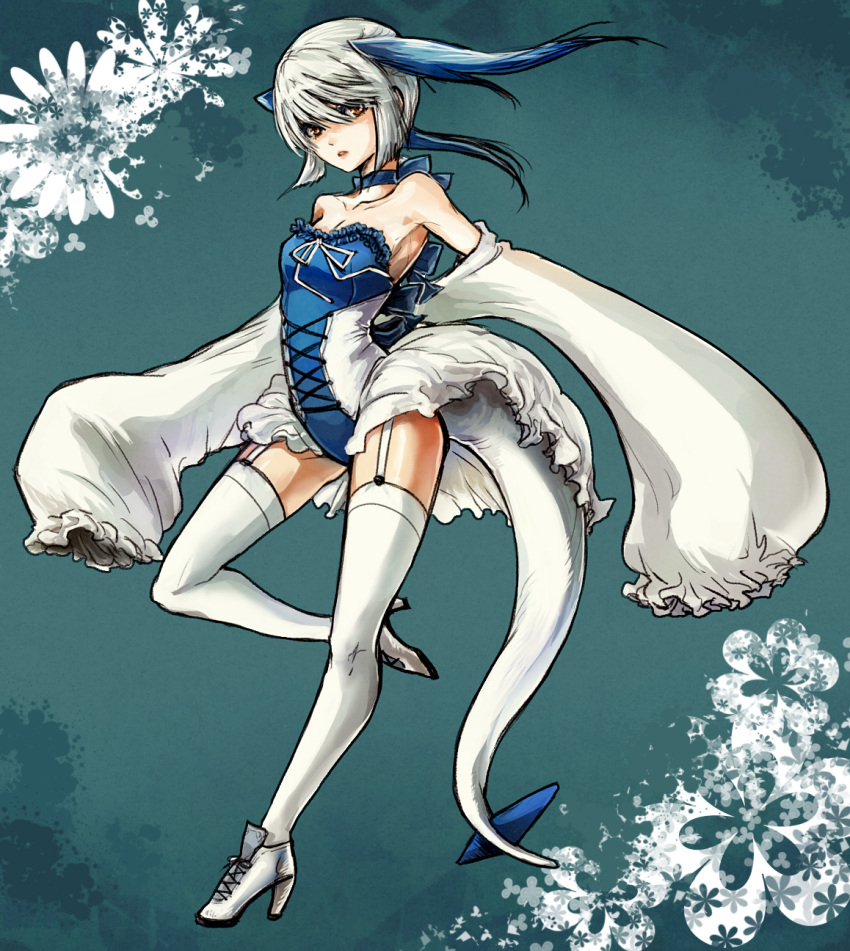 brown_eyes, choker, den_(diorama), detached_sleeves, high_heels, highres, legs, lugia, moemon, personification, pokemon, shoes, short_hair, silver_hair, solo, tail, thigh-highs, thighhighs