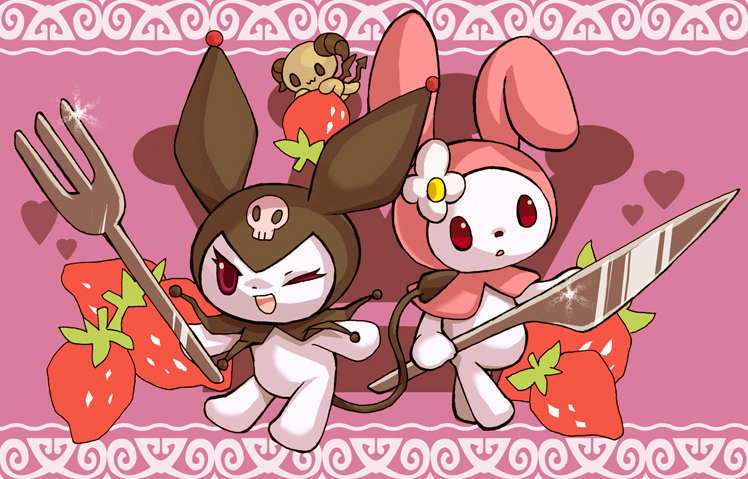 am_(am_pix), animal_hood, animal_nose, berry_(sanrio), demon_tail, food, fork, fruit