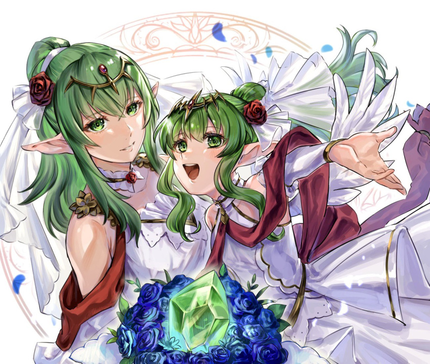 2girls, abinosu0903, bare_shoulders, blue_flower, blue_rose, bouquet, bridal_veil, commentary_request, detached_collar, detached_sleeves, dress, dual_persona, fire_emblem, fire_emblem:_mystery_of_the_emblem, fire_emblem_awakening, fire_emblem_heroes, floating_hair, flower, green_eyes, green_hair, grin, hair_between_eyes, holding, holding_bouquet, long_hair, looking_at_viewer, multiple_girls, official_alternate_costume, petals, pointy_ears, ponytail, rose, sidelocks, smile, tiki_(adult)_(bridal)_(fire_emblem), tiki_(adult)_(fire_emblem), tiki_(fire_emblem), tiki_(young)_(bridal)_(fire_emblem), tiki_(young)_(fire_emblem), time_paradox, veil, wedding_dress, white_dress