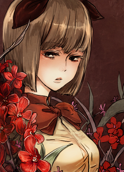 brown_hair, den_(diorama), flower, original, short_hair, solo