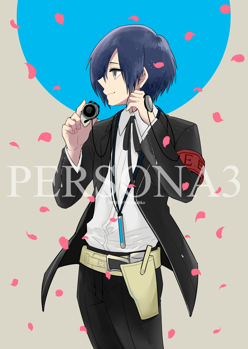 1boy, armband, b-ko_(1214920), black_pants, black_ribbon, blue_hair, copyright_name, dated