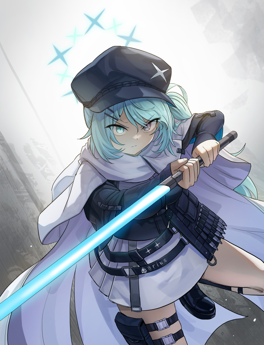 1girl, absurdres, blue_archive, breasts, energy_sword, green_eyes, green_hair, halo, highres, hiyori_(blue_archive), large_breasts, lightsaber, long_hair, looking_at_viewer, school_uniform, solo, sword, thighs, weapon, wnsgur6686