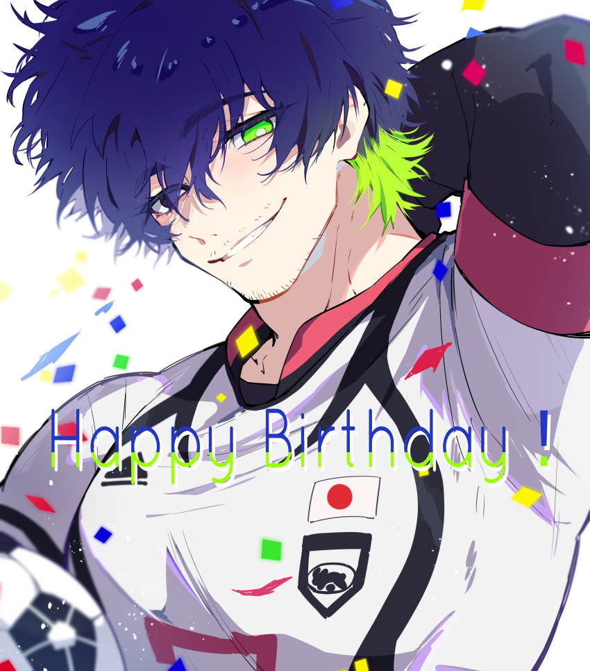 1boy, absurdres, arm_behind_head, arm_up, ball, beard, black_eyes, blue_hair, blue_lock, collared_shirt, confetti, facial_hair, green_eyes, green_hair, grin, happy_birthday, heterochromia, highres, long_sleeves, looking_at_viewer, male_focus, multicolored_hair, mustache, nekoma_hikaru, oliver_aiku, shirt, short_hair, smile, soccer_ball, soccer_uniform, solo, sportswear, two-tone_hair, upper_body, white_background, white_shirt