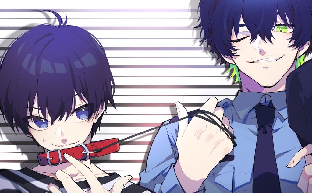 2boys, beard, black_hair, blue_eyes, blue_lock, blue_necktie, blue_shirt, collared_shirt
