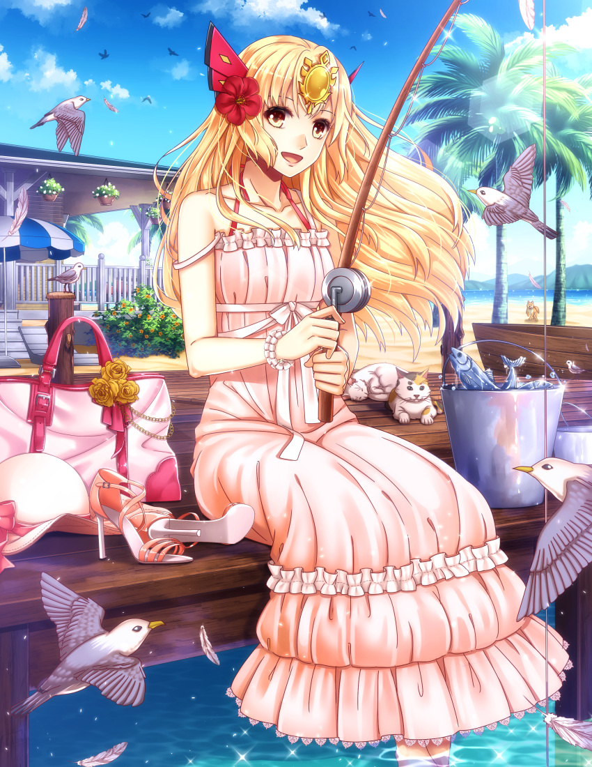 1girl, absurdres, bird, blonde_hair, blue_sky, blush, breasts, bush