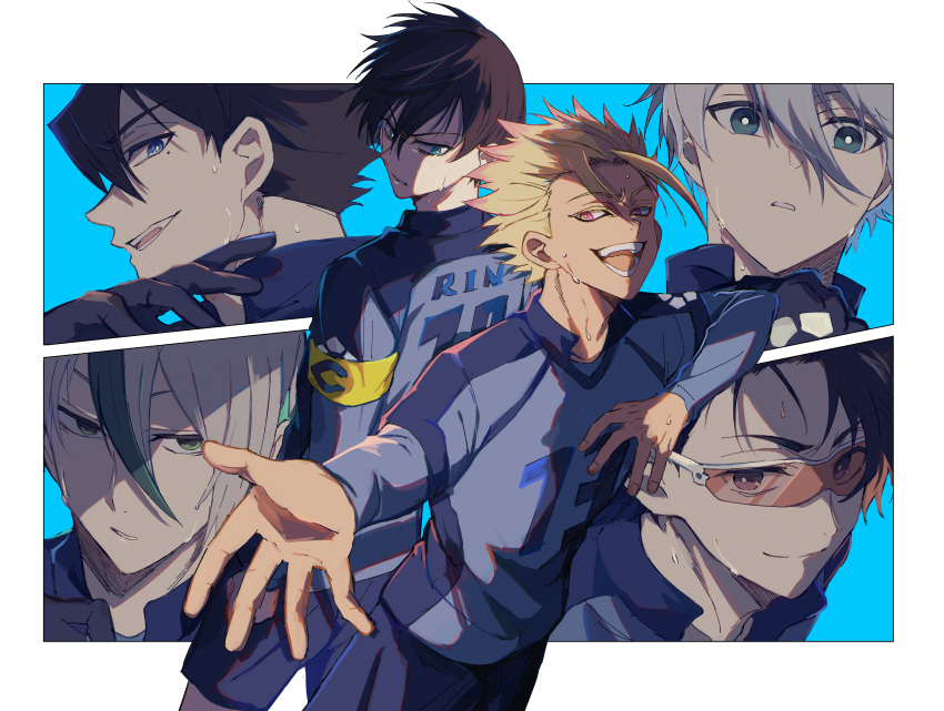 6+boys, :d, absurdres, black_eyes, black_gloves, black_hair, blonde_hair, blue_background