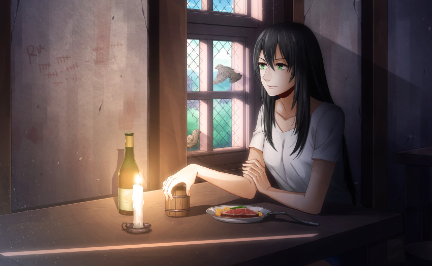 1girl, absurdres, bird, black_hair, bottle, breasts, candle, closed_mouth