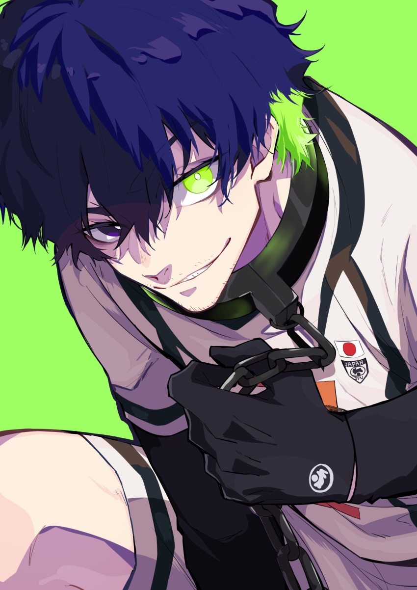 1boy, absurdres, black_gloves, blue_lock, chain, collar, cowboy_shot, facial_hair