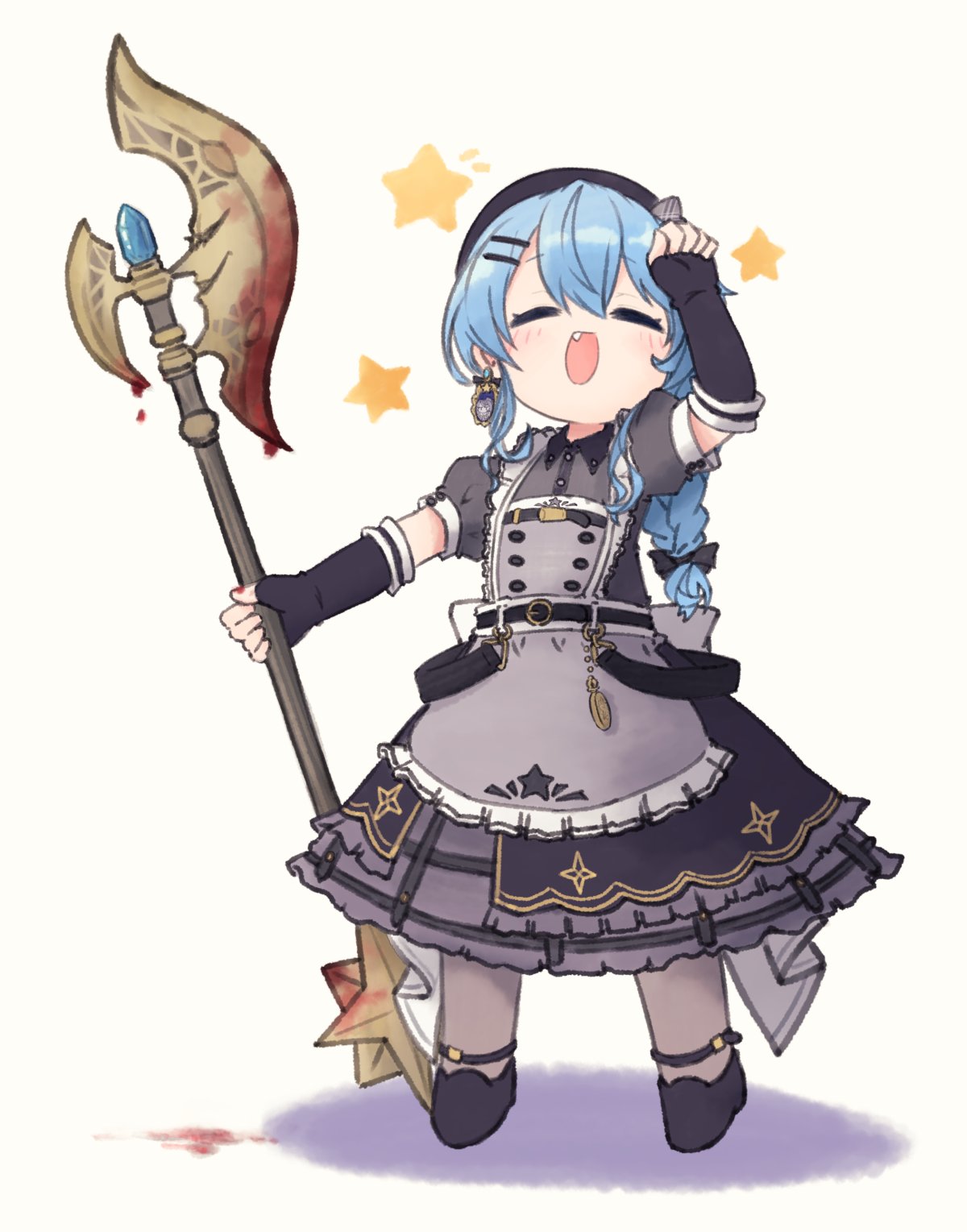 1girl, apron, bardiche_(weapon), beret, black_dress, black_gloves, black_headwear, blood