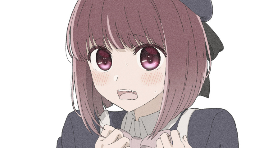 1girl, arima_kana, beret, black_ribbon, blue_headwear, blue_jacket, blunt_bangs, blush