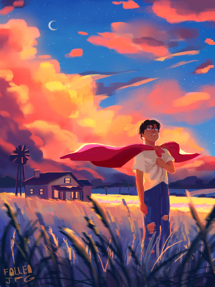1boy, aged_down, black_hair, cape, clark_kent, clouds, cloudy_sky, curly_hair, dc_comics, denim, fallen-jpg, highres, house, jeans, looking_up, pants, parted_lips, red_cape, shirt, short_hair, short_sleeves, signature, sky, star_(sky), starry_sky, sunset, superman, superman_(series), torn_clothes, wheat_field, white_shirt, wind, windmill