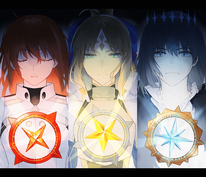 1boy, 2girls, ahoge, artoria_caster_(fate), artoria_caster_(third_ascension)_(fate), artoria_pendragon_(fate), blonde_hair, blue_eyes