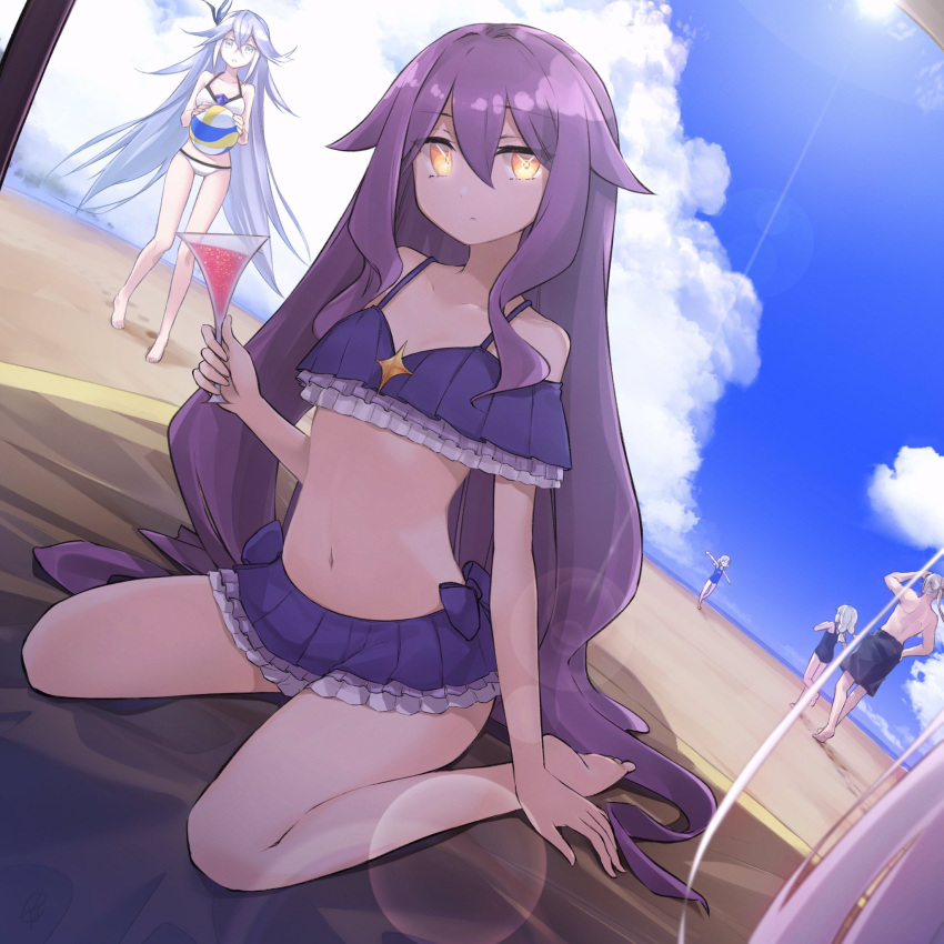 1boy, 4girls, ball, beach, beachball, benares_(honkai_impact), blue_eyes, blue_hair, blue_sky, grey_hair, highres, honkai_(series), honkai_impact_3rd, horns, kiana_kaslana, kohayube, long_hair, looking_at_viewer, low_twintails, multiple_girls, pink_hair, ponytail, siegfried_kaslana, single_horn, sirin, sky, swimsuit, theresa_apocalypse, twintails, yellow_eyes