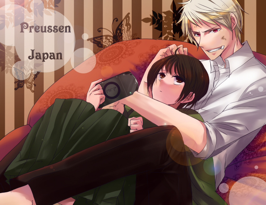 blonde_hair, brown_hair, butterfly, highres, hug, japan_(hetalia), playstation_portable, prussia_(hetalia)
