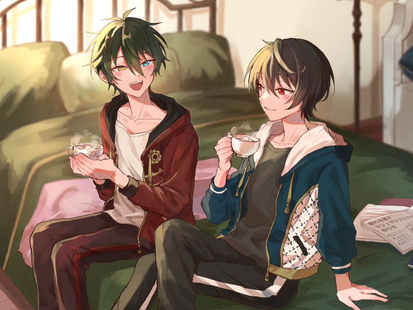 2boys, absurdres, aqua_eyes, bed, black_hair, commentary_request, crossed_legs, cup