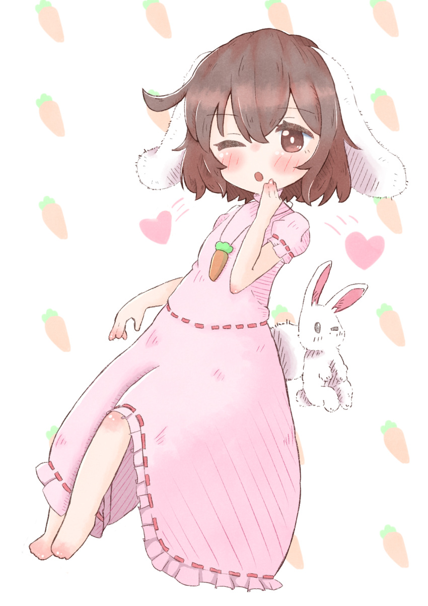 1girl, ;o, animal_ears, barefoot, blush, brown_hair, carrot_background, dress