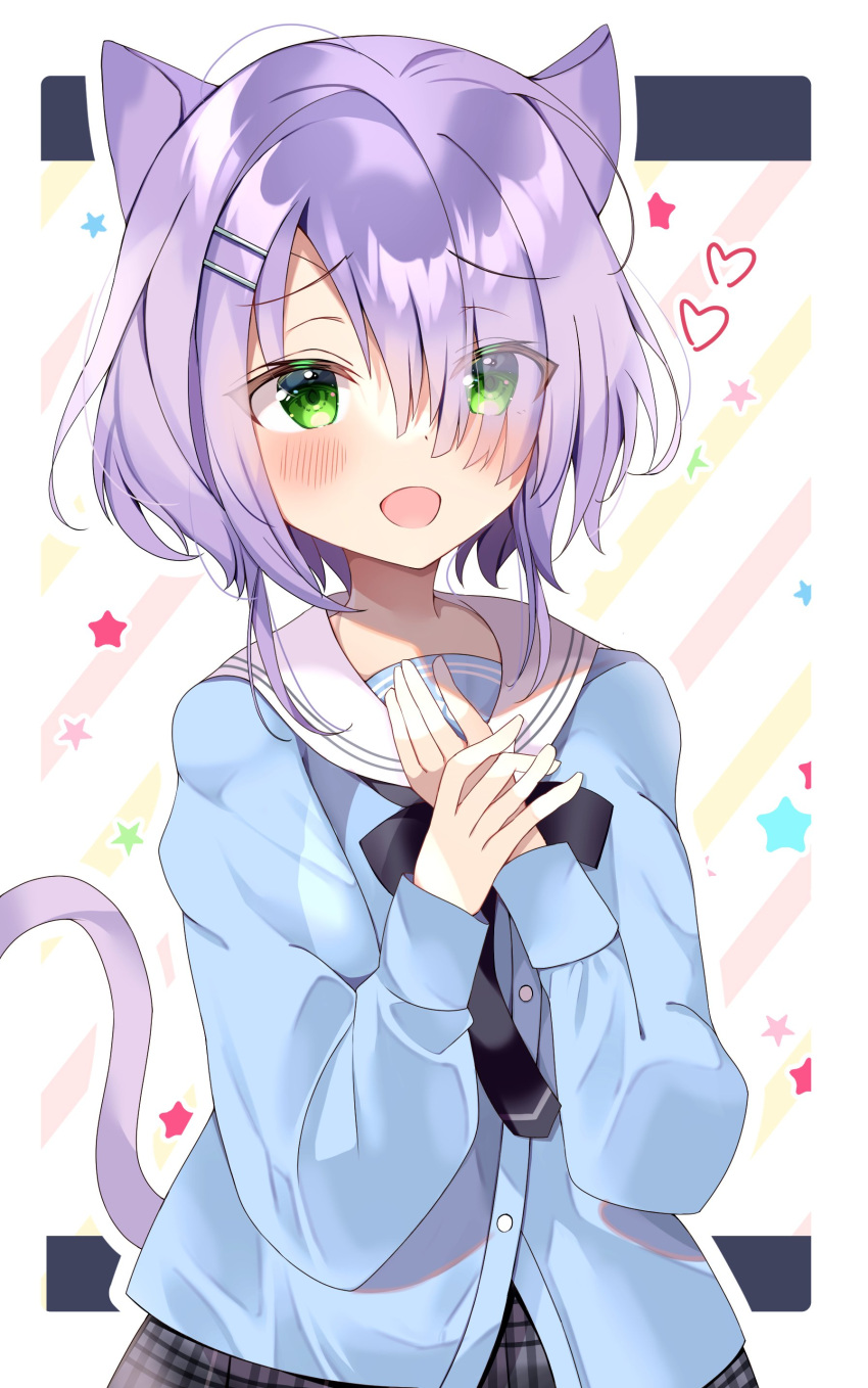 1girl, :d, absurdres, animal_ears, black_ribbon, blue_jacket, blush, cafe_stella_to_shinigami_no_chou