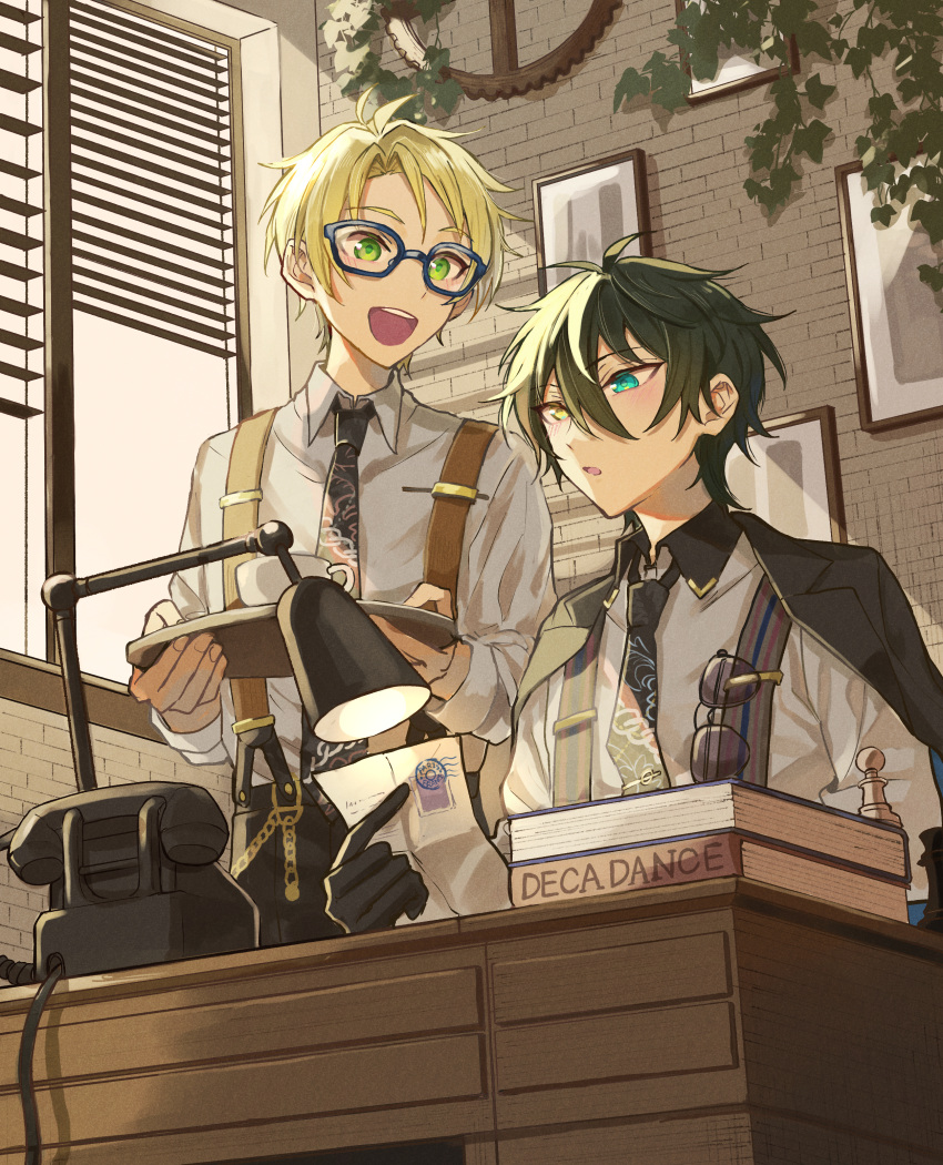 2boys, absurdres, aqua_eyes, black_gloves, black_jacket, blonde_hair, book, collared_shirt, commentary_request, cup, desk_lamp, ensemble_stars!, glasses, gloves, green_eyes, green_hair, grey_shirt, hair_between_eyes, heterochromia, highres, holding, holding_tray, jacket, jacket_on_shoulders, kagehira_mika, lamp, lapels, long_sleeves, male_focus, multiple_boys, necktie, official_alternate_costume, open_mouth, phone, picture_frame, shirt, short_hair, sunglasses, suspenders, table, teeth, tray, upper_body, upper_teeth_only, wednesday_108, yellow_eyes, yuuki_makoto_(ensemble_stars!)