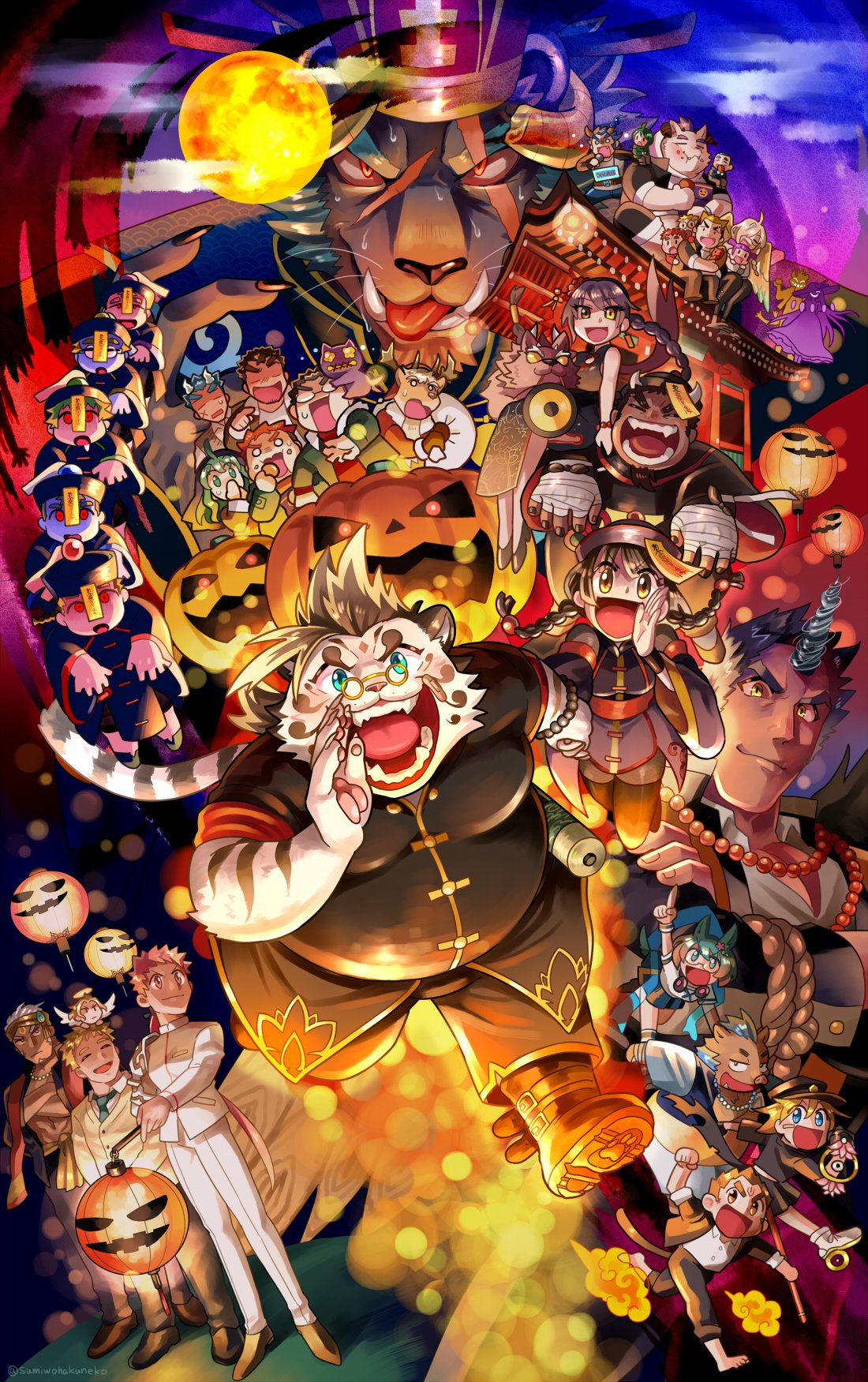 6+boys, 6+girls, aether_jiangshi_(housamo), aether_o'-lantern_(housamo), animal_ears, annotated, babalon_(housamo), bandaged_hand