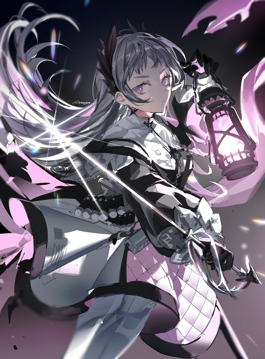 absurdres, ammunition_belt, arknights, capelet, commentary_request, fire, grey_eyes, grey_hair
