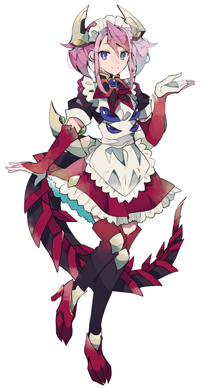 1girl, absurdres, apron, blue_eyes, bridal_gauntlets, cosplay, dragon_horns, dragon_tail